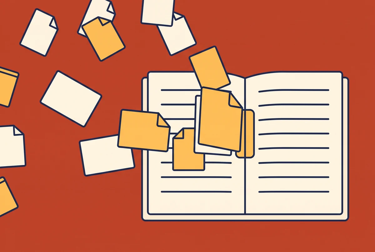 Loose pages filing themselves into a large open book.