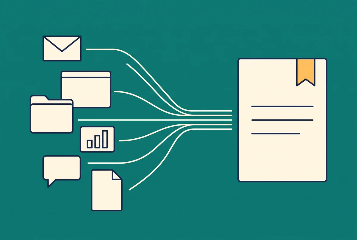Scattered shapes converging into a single clean page.