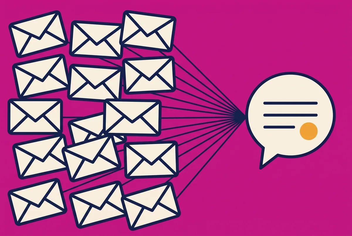 A crowd of identical envelopes converging into one answered message.