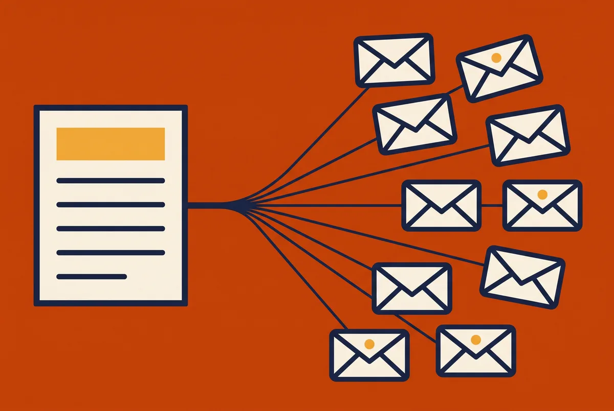 One source document fanning out into many addressed envelopes.
