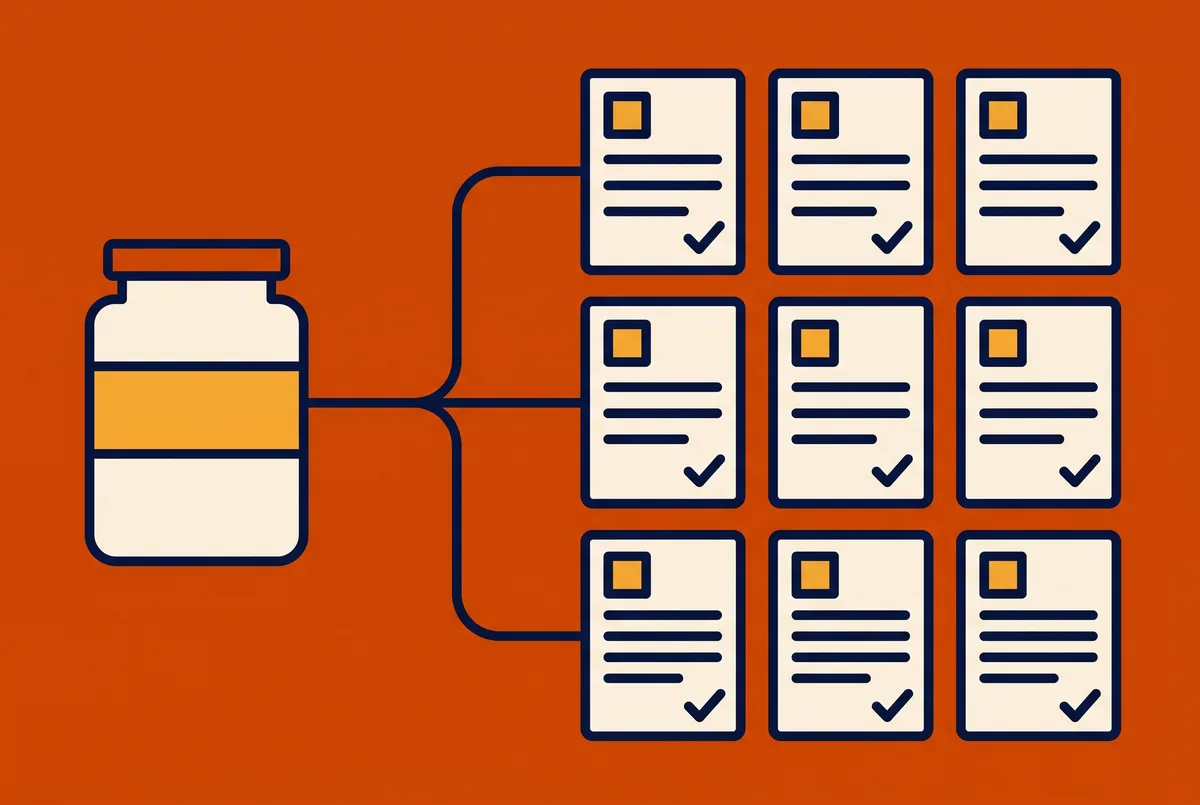 A single product feeding a grid of identical completed forms.