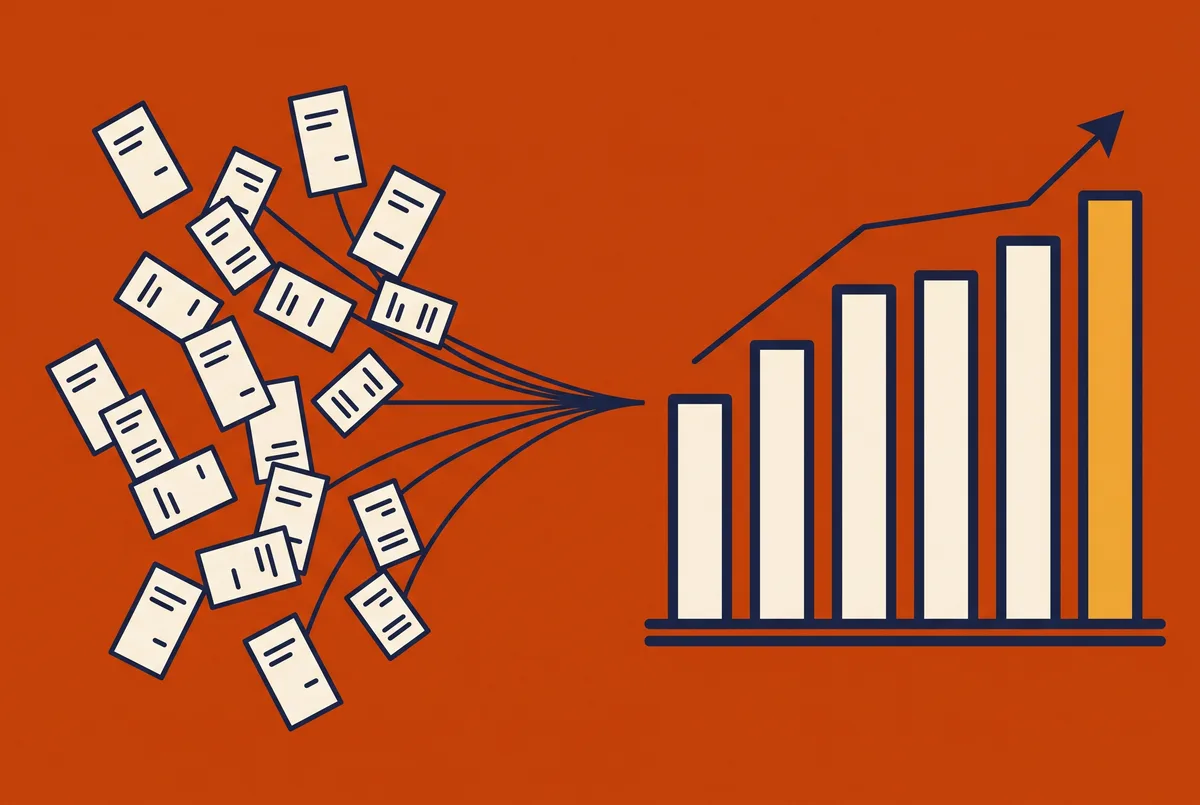 Scattered receipts resolving into a rising bar chart.