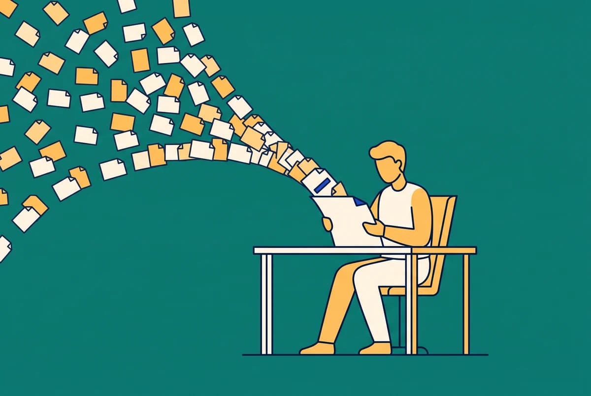 A person at a desk reading a single document, with many documents funnelling into it.