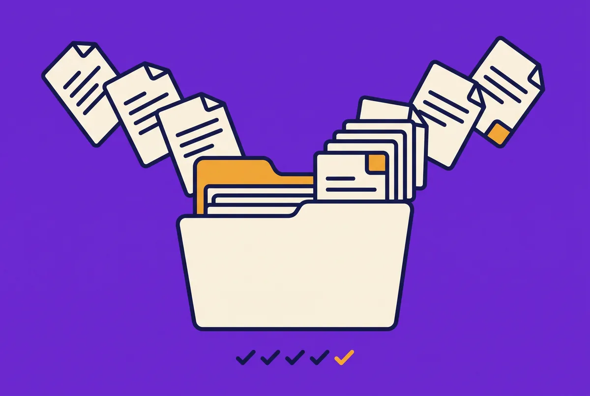 Loose documents filing themselves into an open folder.