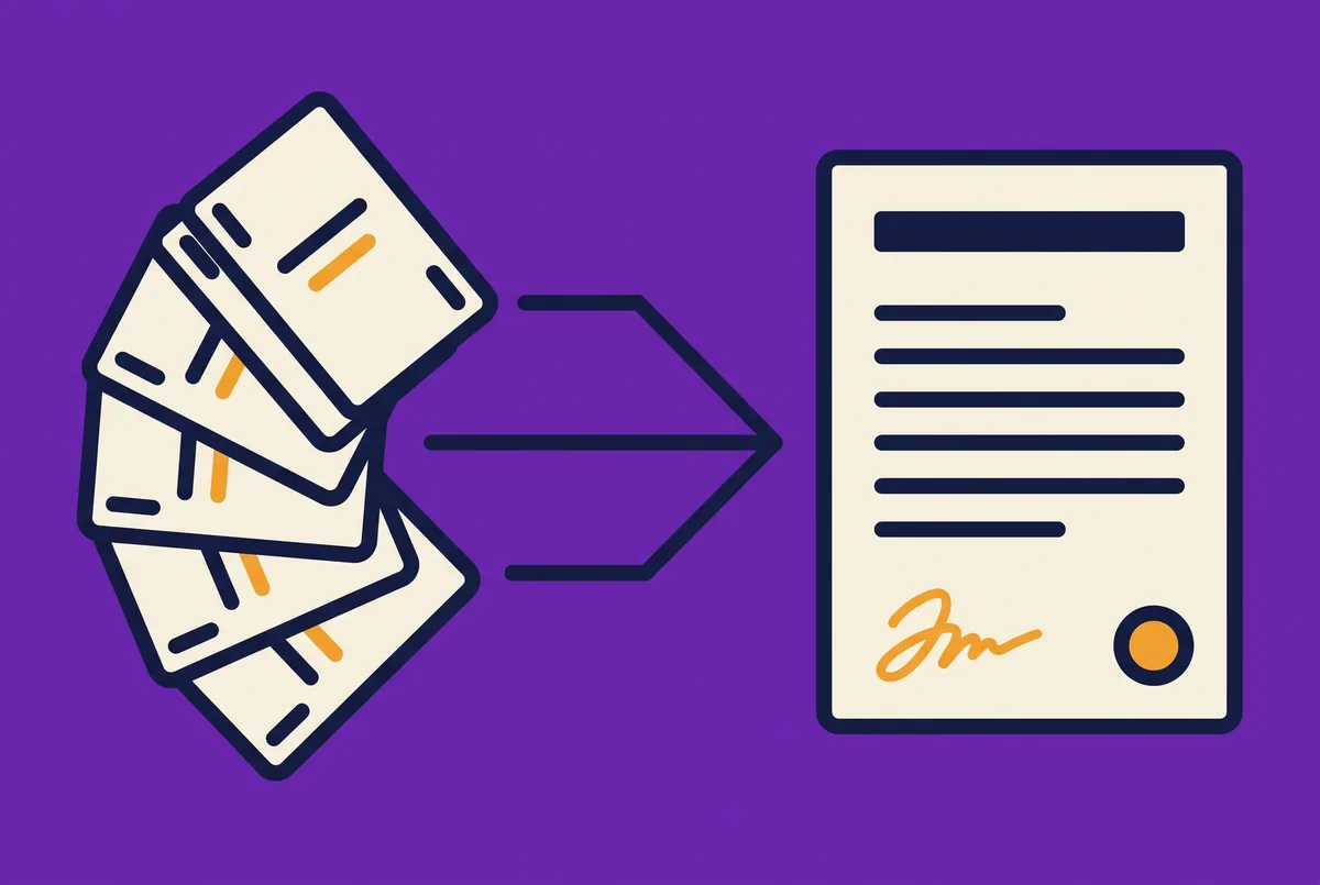 A fan of reusable clauses assembling into one signed letter.