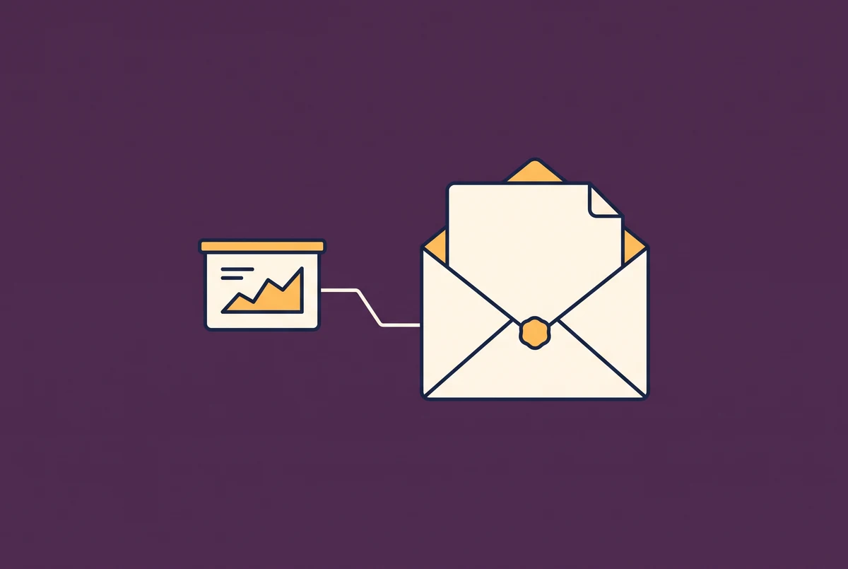 An envelope with a seal, connected by a line to a pitch deck.