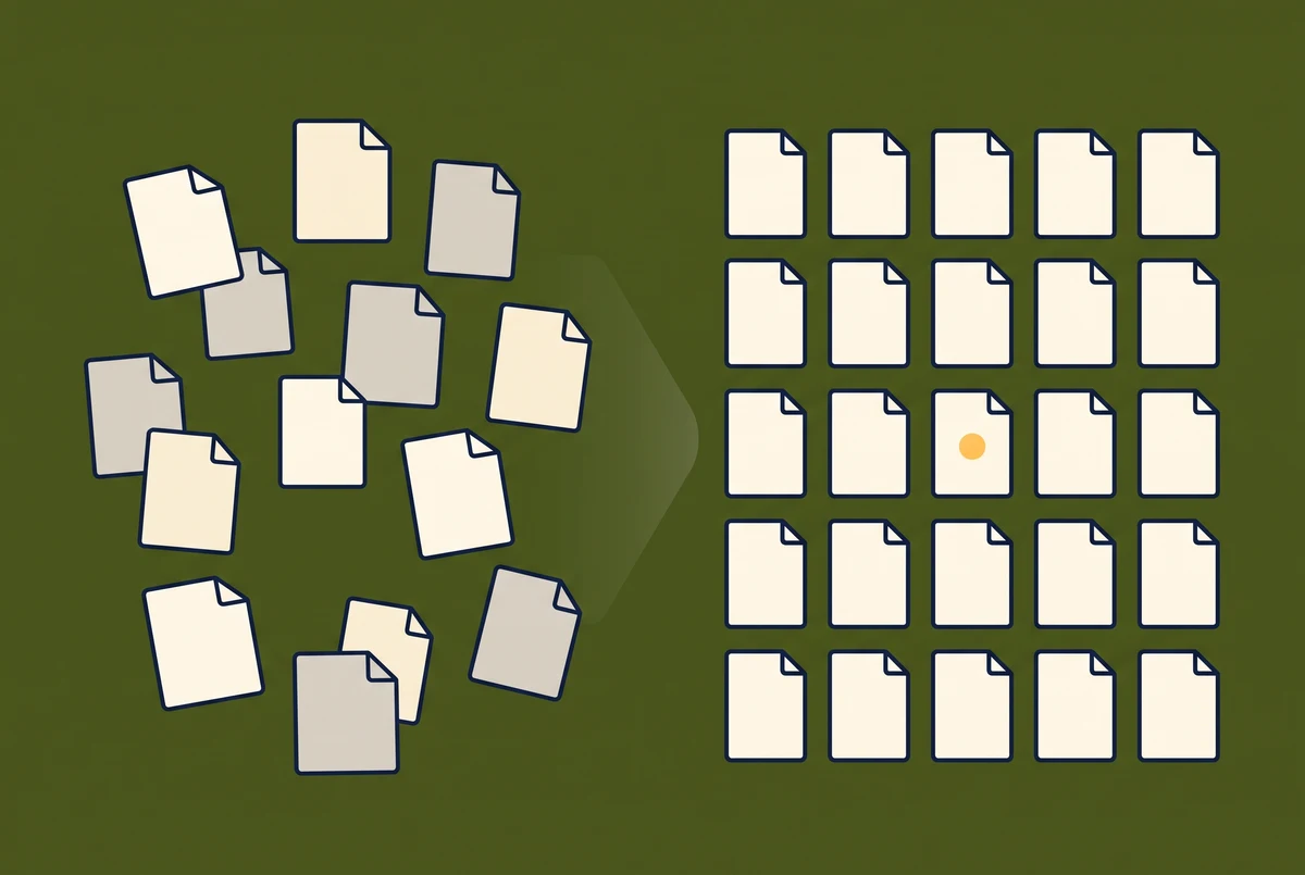 Scattered documents resolving into a neat grid, with one card highlighted.