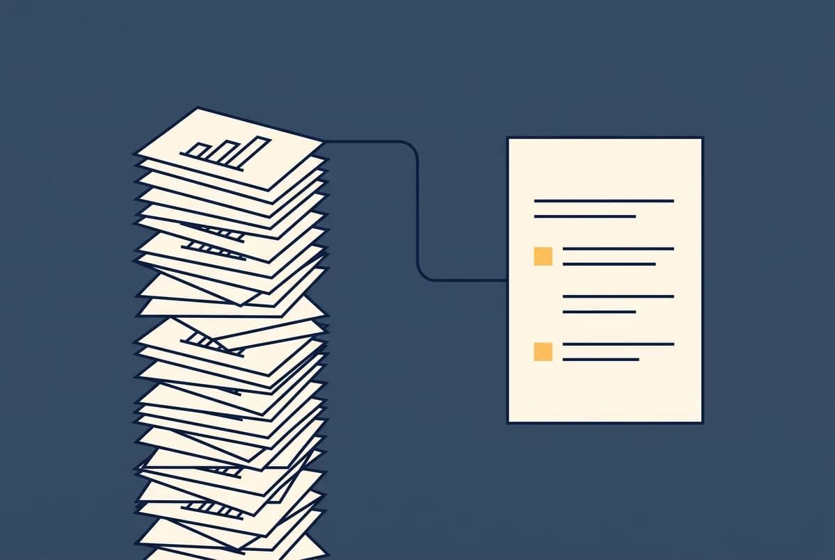 A stack of pitch decks resolving into one clean page with markers.